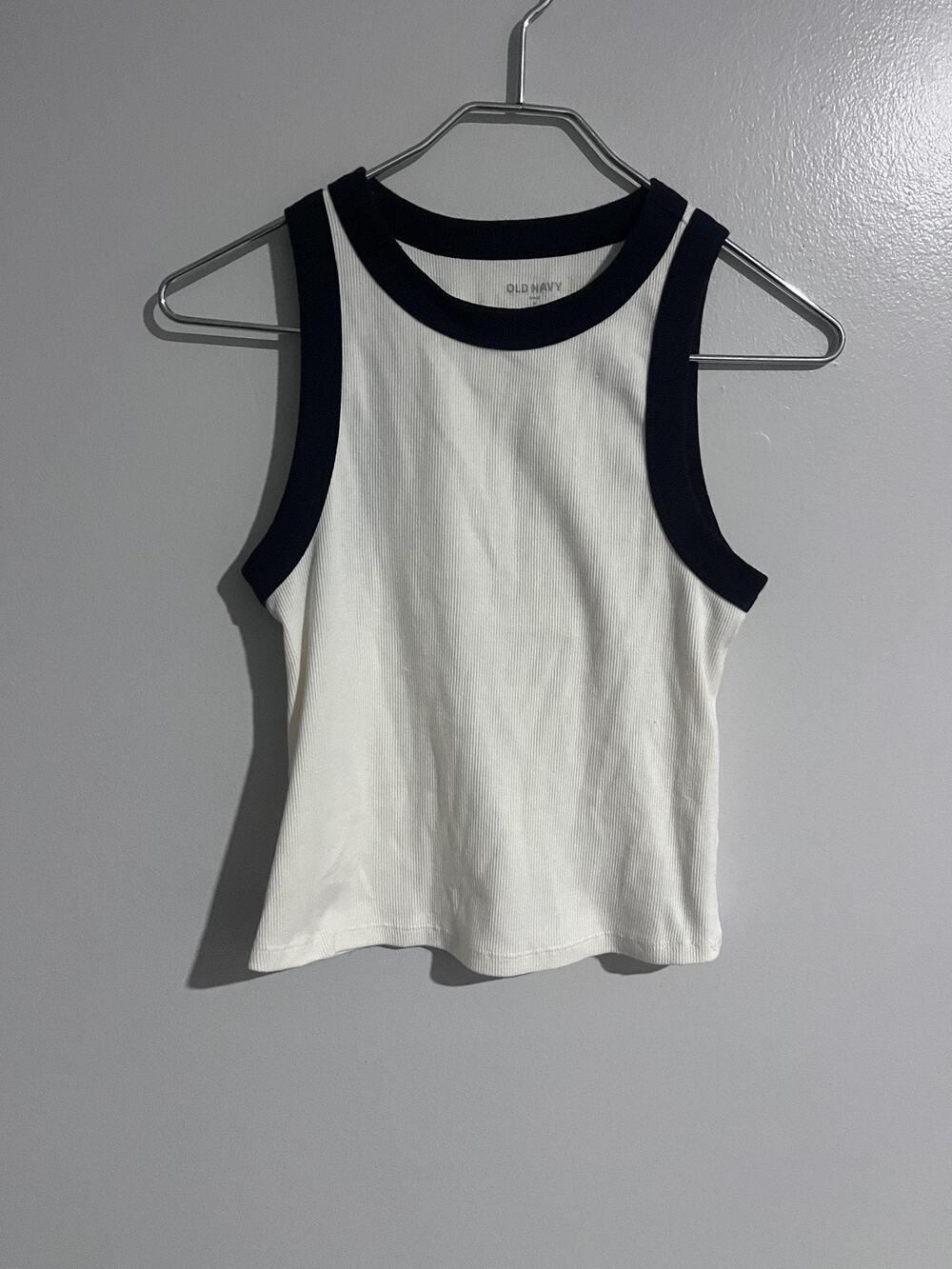 Old Navy Tank Womens M White Ringer Ribbed Cotton Blend Slim Stretch Casual